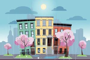 Spring city landscape of 3 multi-unit colorful houses, flowering trees and outlines of big city on background. sun is shining. Spring rain sunshower. Flat cartoon vector illustration
