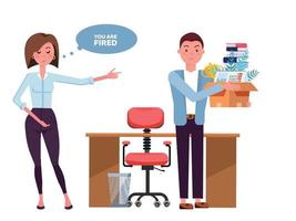 Angry woman boss yelling at employee man office worker. Fired man and angry female boss. Manager showing incompetent worker the door, guy leaving office workplace.Vector flat cartoon illustration vector