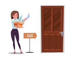 Fired woman goes to exit door. incompetent worker going to the door, dismisses female employee from job, girl leaving office workplace. Dismissed with cardboard box . Vector flat cartoon illustration