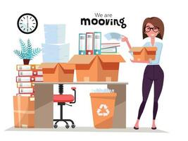 Successful smiling business woman holding cardboard box with work stuff, stack of folders at office moving. Office moving job concept. Vector flat style illustration isolated on white background.