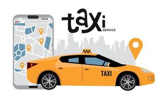 teléfono móvil grande con mapa y centro de la ciudad en el fondo, concepto de servicio de taxi de pedido en línea. vista lateral del vehículo amarillo. aplicación móvil para alquilar taxis en línea. ilustración de dibujos animados plano vectorial vector