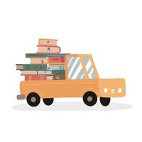 Stack of books in a cute truck. Delivery concept for online bookstore. Book pile from an online store. Flat vector illustration.