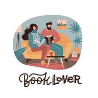 Man and woman sitting on yellow sofa, reading books and dring tea, couple at home. Cozy mood. Isolated priny with lettering quote Book lover. Vector flat cartoon illustation