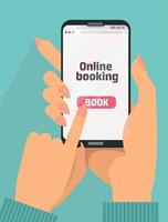 Woman's Hand holding smartphone with book button on screen.Concept of online booking mobile application for renting accommodations. Plan a trip. Devices technology.Flat cartoon vector illustration