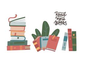 conjunto de pila de libros aislado sobre un fondo blanco. pila de libros coloridos. ilustración vectorial plana educativa dibujada a mano. concepto del día mundial del libro. cita de letras - lea más libros. vector