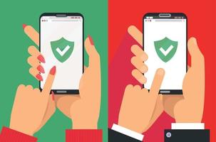 Green Shield on smartphone screen. Male and female Hands hold the smartphone and finger touches screen. icon concept of Web Access Security, Protected Connection.Flat cartoon vector illustration.