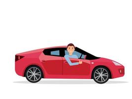 Smiling young man inside his car. Friendly driver at the wheel of car.Right-hand drive red car. Side view of Guy showing thumb up gesture. Isolated Vector flat cartoon illustration on white background