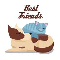 Flat cartoon vector illustration cat sleeps comfortably on dog. Sweet dreams of furry pets. Cute best friends sleeping brown dog and grey cat on white background