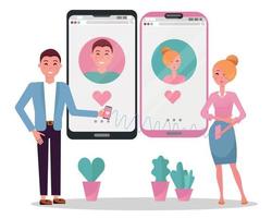 Young beautiful man and woman with smartphones in their hands are standing in front of their large phones with profiles on a dating site. Online dating app users.Flat cartoon vector illustration