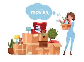 Vector cartoon illustration of loader mover woman in uniform carrying box. Pile of stacked cardboard boxes with stuff. Concept for home moving on white background. Lettering quote We are moving