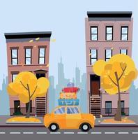 Yellow car with suitcases on the roof against background of autumn cityscape. City landscape with small houses, silhouette of multi-storey buildings with yellow trees.Flat cartoon vector illustration.