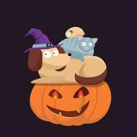 lindas mascotas de halloween, gato, hámster y perro con un sombrero de bruja sentados uno sobre el otro y una calabaza de halloween con caras asustadas. ilustración de vector de estilo de dibujos animados plana.