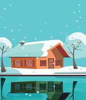 Colored country house on lake. Facade of building is reflected in surface of water. Flat cartoon vector illustration of winter suburb landskape with private house, snowy trees. One-story house..