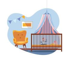 Scene in interior of the nursery. Baby in bed under a canopy next to soft comfortable chair. Boy's Room is decorated with a flag garland. Vector flat cartoon illustration isolated in white background