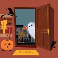 House interior, decorated for Halloween, pumpkin with mug in hallway under hanger with umbrellas, black cat hides behind door. Door is open and Ghost looks inside street. Flat cartoon illustration. vector