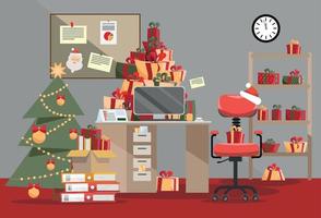 oficina de santa claus con montaña de regalos. pilas de cajas presentes con cintas y pilas de documentos se encuentran en la mesa, el piso, el estante. el interior de la habitación está decorado con un árbol de navidad. vector de dibujos animados plana