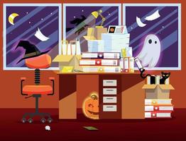 Work place on holiday Halloween in orange color . Flat illustration of office room interior with pumpkin, glowing ghost, even cat, witch hat and Pile of paper documents, file folders in boxes on table vector