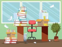 Period of accountants, financier reports submission. Office chair behind table with stack of paper documents and file folders in boxes on office table. Office interior Flat cartoon vector illustration