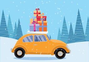 Flat vector cartoon illustration of retro car with presents, christmas tree on roof. Little yellow car carrying gift boxes. Vehicle car side view. Winter snowy forest .Flat cartoon style illustration.