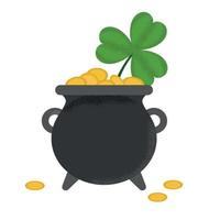 Saint Patrick's Day composition design with big clover leaf and gold coins in a cauldron. Vector flat textured illustration.