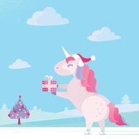 Christmas unicorn in a Santa Claus cap is carrying a gift in a festive box. Gentle pink and blue colors. Fairytale character skates. Flat cartoon style illustration with textures and gradients vector