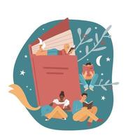 Poster or banner with different small male and female characters. Book festival concept of a tuny people reading a open huge book at night. Flat hand drawn vector illustration.