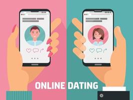 Male and female hands with phones with online dating app. Man, woman holding smartphones with dating app profile on display. Cool concept of online dating application. Flat cartoon vector illustration