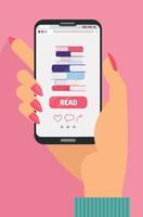 Online education concept. Female hand holding mobile phone with e-book app on screen. Stack of books on smartphone screen. Online reading and E-book.Distant e-learning.Flat cartoon vector illustration