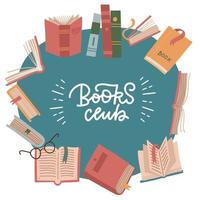 banner de diseño simple y plano moderno y plantilla de anuncio para un festival de libros, club de lectura, día mundial del libro. concepto de círculo con libros voladores y texto con letras - club de libros. ilustración vectorial colorido vector