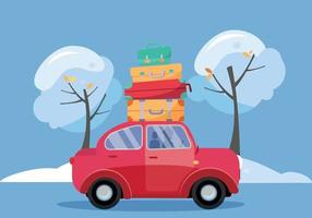 Red car with suitcases on the roof. Winter family traveling by car. Flat cartoon vector illustration. Car Side View With stack of baggage on background of snow trees. Many bags on the top of vehicle