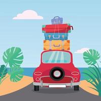 Little red retro car rides to sea with stack of suitcases on roof. Flat cartoon vector illustration. Car back View With pile of suitcases and baggage.Southern landscape with sand, leaves of Monstera