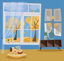 Window with a view of yellow trees and flying leaves. Autumn interior sleeping cat and dog on pillow, shelf, vase with branches. nonparallel objects. Rainy weather outside. Flat cartoon vector