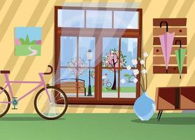 Window with view of blooming trees in city park. Spring warm interior with bicycle, branches in vase, table in hallway and umbrellas on hanger. Silhouette of big city outside. Flat cartoon vector