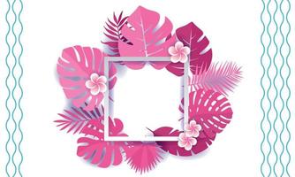 Pink monstera palm leaves aroung white square frame. Banner design in paper cut style. Origami plants with frangipani flowers. Summertime jungle floral background. vector