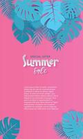 Vertical Abstract Summer Sale paper cut Background with Palm, monstera, banana Leaves with place for your text.Trendy Jungle banner. Tropical exotic plants. Bright Colorful jungle. Vector Illustration