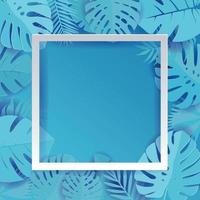 Blue Palm Leaf Vector Background Illustration in paper cut style. Exotic tropical jungle rainforest bright cyan palm tree and monstera leaves border frame with a place for text. Aloha style poster