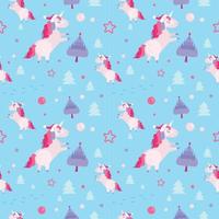 Christmas seamless pattern with unicorns, fir trees,balls, stars on blue background. Holiday template with Christmas unicorn and festive flat cartoon elements. Design for wrapping, fabric, print. vector