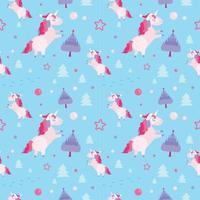 Christmas seamless pattern with unicorns, fir trees,balls, stars on blue background. Holiday template with Christmas unicorn and festive flat cartoon elements. Design for wrapping, fabric, print. vector