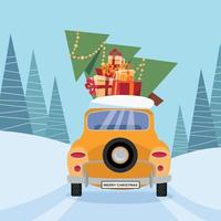 Flat vector cartoon illustration of retro car with presents, christmas tree on roof. Little yellow car carrying gift boxes. Vehicle back, car rear view decorated with wheel. Winter snowy forest around