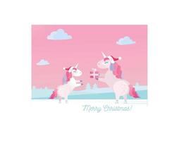 Greeting card with text Merry Christmas unicorn in Santa Claus cap gives present in box to unicorn child. Two unicorns are skating.Gentle colors. Flat cartoon illustration with textures and gradients vector