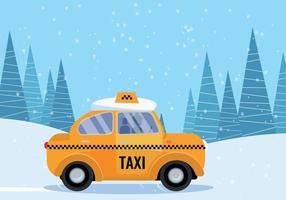 Snow-covered yellow taxi rides through the winter snowy forest with a snowdrift on the roof. The concept of safe and comfortable trips to the suburbs. Vector flat cartoon illustration