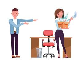 Man dismisses woman.Sad office girl employee leaves with box of her things. Job reduction concept.She picks up her belongings, leaves the workplace.Vector flat cartoon illustration on white background vector
