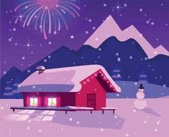 Flat vector illustration of fireworks over mountain landscape with one-story country house with lighting windows. Purple-pink colors of night. Holiday at ski resort with snowman and snowfall.