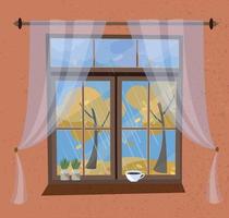 Autumn view from the window with cornice and transparent tulle. Closed wood window view to Indian summer, flying foliage, yellow trees. On windowsilll plants in pots, coffee cup. Flat cartoon vector