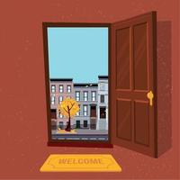 Open door into autumn rain city day sunny view with yellow trees. Door mat in room. Flat cartoon textured bown vector illustration. Three-four-story uneven colorful houses. Street cityscape.