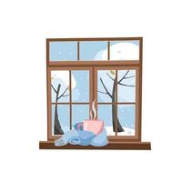 taza de té rosa en la ventana de madera todavía. cálida bufanda azul claro de punto. día de invierno cubierto de nieve. clima frío afuera. paisaje cubierto de nieve en la ventana. ilustración de estilo de dibujos animados plana vector