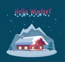 Flat cartoon vector illustration Winter mountains landscape scenic with small house with luminous windows, garland. Roof and porch of house are covered with snow. Starry night, Hello winter postcard