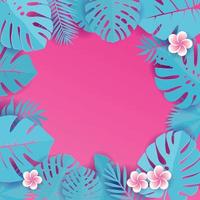 Abstract background with blue cyan tropical leaves. Jungle patternwith frangipani flowers. Floral caper cut design background. Vector square illustration with space for text. Tropical greeting card.