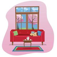 Modern flat design concept Living room interior in color spot on white background. Red sofa with table,carpet, in room with large window. Outside spring nature with blossom trees. Flat cartoon vector