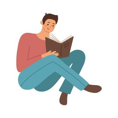 Smart student preparing for exam at home. Young man studying and reading book. Male reader sitting on floor and learning. Flat vector illustration isolated on white background